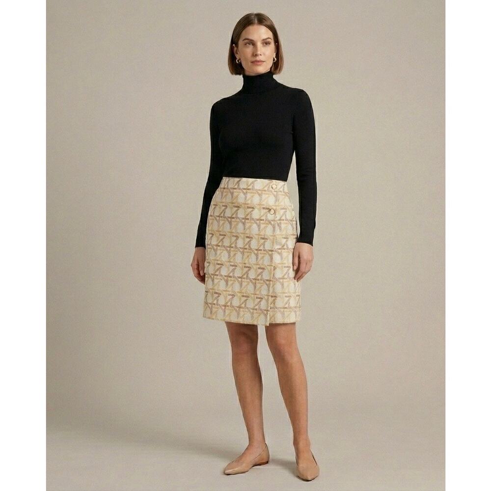 Tory Burch Geometric Embroidered Knee Length Skirt 6 Yellow Cotton Faux Wrap - Picture 1 of 12